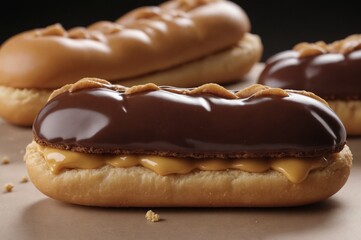 Decadent chocolate glazed eclairs with caramel filling