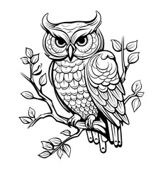 Owl sitting on a branch illustration coloring page - coloring book