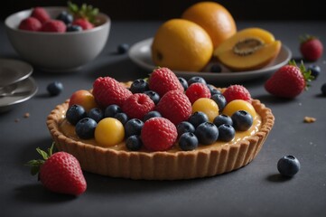 Fresh fruit tart on elegant dark background