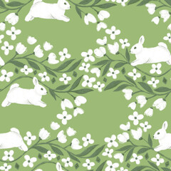 Seamless pattern with cute bunnies jumping on the blooming meadow - 723833432