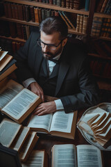 An attorney immersed in legal research, surrounded by open books, legal statutes, and a computer, illustrating the meticulous process of preparing a case.