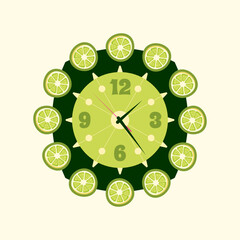 Clock with green lemons. Vector illustration. Clock with lime