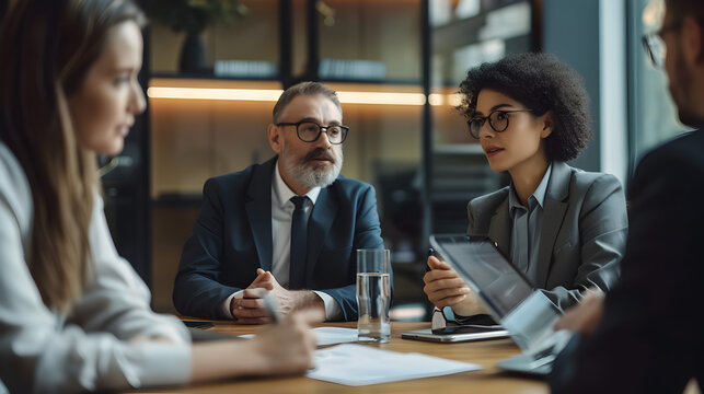 A group of lawyers collaborating in a law firm conference room, brainstorming and discussing strategies, highlighting teamwork in the legal profession.