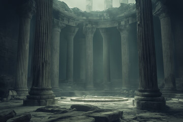 The center of the hall, surrounded by columns, is illuminated by a hole in the ceiling. - obrazy, fototapety, plakaty