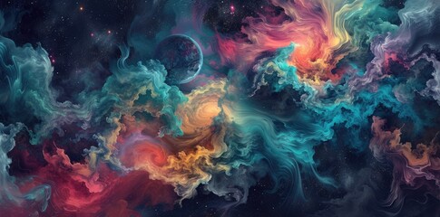 Naklejka na ściany i meble Colorful space galaxy cloud nebula. Stary night cosmos. Universe science astronomy. Supernova background wallpaper, panorama of a cosmic scene Ai generated