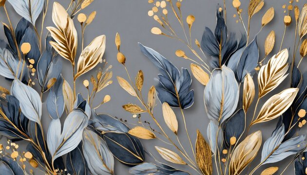 Beautiful Minimalistic Plant Nature Wallpaper Background Of Blue Grey And Gold Dainty Flowers And Leaves 