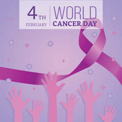4th February. World Cancer Day square Poster with purple ribbon against purple textured background with flat hands of hope. Awareness day, Cancer day. Used for banners, posters, social networks. EPS