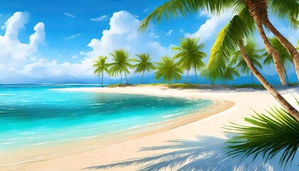 Fototapeta na wymiar an illustration of a beautiful beach with white sand turquoise ocean green palm trees and a blue sky with clouds on a sunny day created with generative ai technology