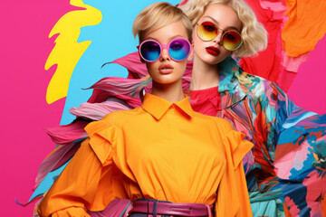 Portrait of two beautiful young women with blonde hair in sunglasses and bright clothes. Beauty and fashion concept