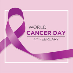 World Cancer Day square Poster with purple ribbon on pink background. Purple ribbon against cancer icon. Cancer awarenes day, Used for banners, posters, social networks. February 4th. Vector eps print