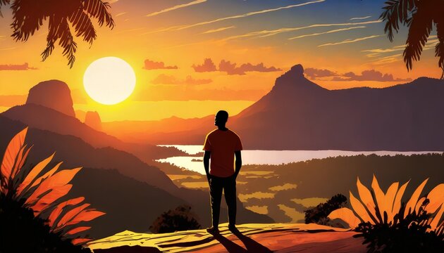 a wonderful landscape illustration at sunste man watching the horizon ai generated image