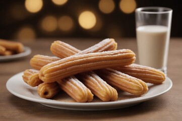 Fototapeta na wymiar Fresh churros with sugar and glass of milk on wooden table
