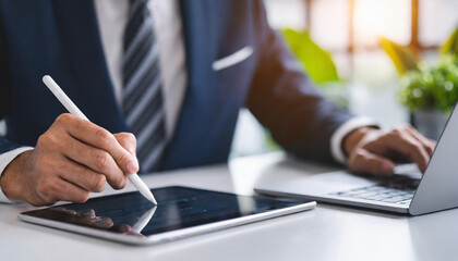 businessman signs digital contract with stylus pen on tablet, symbolizing modern, efficient business transactions