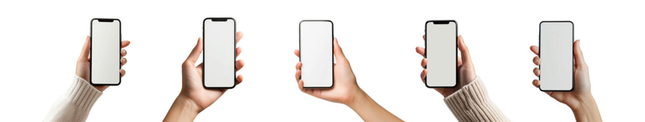 modern smartphone with transparent screen on transparent background, smartphone in hand, png mockup for any background and any image on the screen.