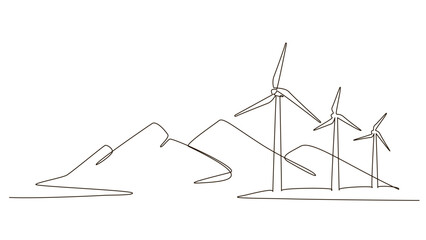 Hilly landscape with wind farm turbines energy continuous one line icon drawing. Renewable source green energy concept vector illustration. Contour one line sign for innovation, environment design © Nataliia