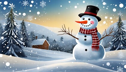 a cute smiling snowman stands against the backdrop of a festive winter landscape a template for a christmas card generative ai