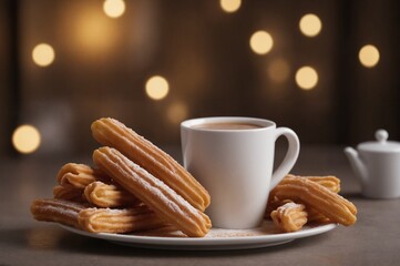 Cozy coffee break with churros and warm lights