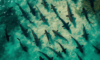 aerial shot of the sharks breeding. top view of shark. - obrazy, fototapety, plakaty