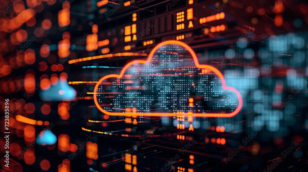 Poster cloud security with end to end encryption symbols, dynamic composition, dramatic sky, and copy space
