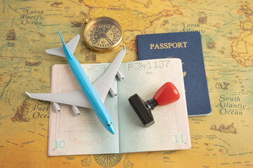 Approved Stamp visa and passport document to immigration at airport in country.