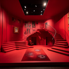 Fototapeta premium a red room with light with a stage and stairs in front of the vue in circle red decoration, dark