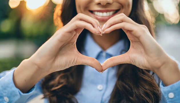  woman displays love with hands showing heart shape in a cropped, shallow focus image