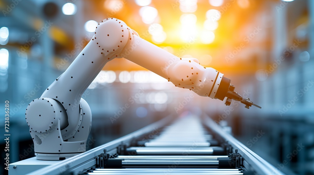 Poster robotic arm performing tasks on modern production line with blurred background and space for text.