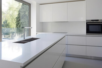 Fototapeta na wymiar White minimalistic kitchen interior. White cabinets, big island with quartz worktops. Mock up, show home kitchen