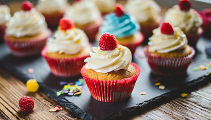 cupcakes, adorned with colorful frosting and sprinkles, arranged for a festive celebration, embodying joy, indulgence, and the spirit of a lively party