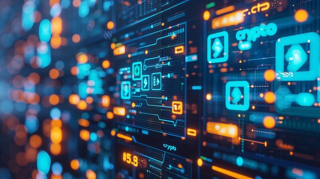 Interactive holographic crypto icon shining big in the air for futuristic concept design