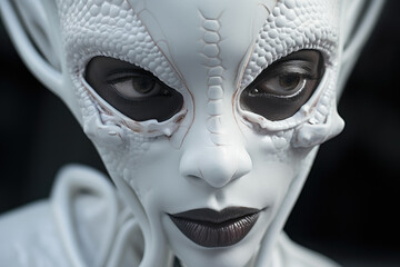 Portrait of extraterrestrial being, ufo, appearing to wear white skin on black skin. Generative ai