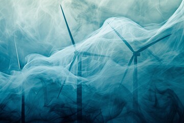An abstract depiction of wind energy, with swirling patterns and cool tones representing wind turbines at work - obrazy, fototapety, plakaty