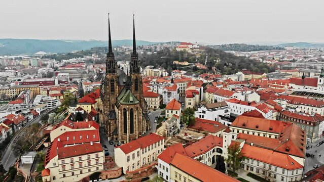 Old city aerial view with cathedral tower