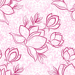 Seamless Background, Spring Pink Blossoming Magnolia Tree Flowers, Tile Pattern. Vector