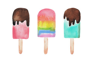 Watercolor hand painted illustration of  ice- cream , colorful ice-cream, ice cream on a stick, food illustration , dessert, watercolor illustration	