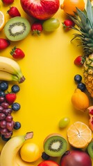 Fruit and vegetable frame background. World health day. The top things on the list for world health day are healthy foods that boost immunity and cold remedies.
