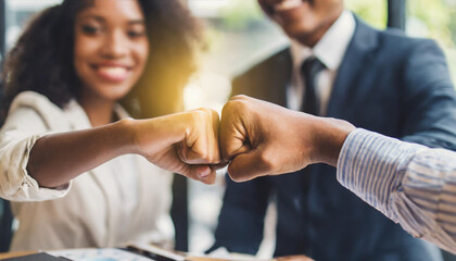 business partners celebrating commitment with a powerful fist bump, symbolizing collaboration, determination, and the beginning of a new startup project - obrazy, fototapety, plakaty