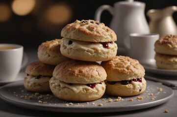 Obraz na płótnie Canvas Gourmet cream scones with jam on elegant table setting