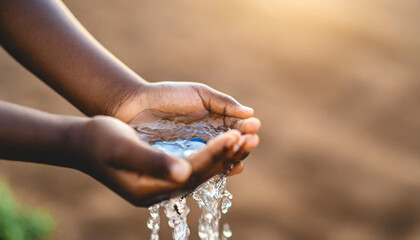 African child's hands at a clean water faucet, symbolizing access to essential resources and hope for a brighter future in Africa