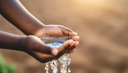 Foto auf Acrylglas African child's hands at a clean water faucet, symbolizing access to essential resources and hope for a brighter future in Africa © Your Hand Please
