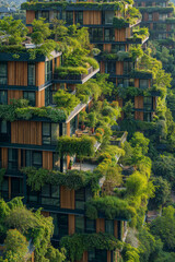 Eco-friendly sustainable city, where buildings seem to merge seamlessly with nature