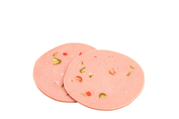Bologna with chilly ,Mortadela Sausage, Sliced boiled ham sausage isolated on transparent background, top view, PNG File