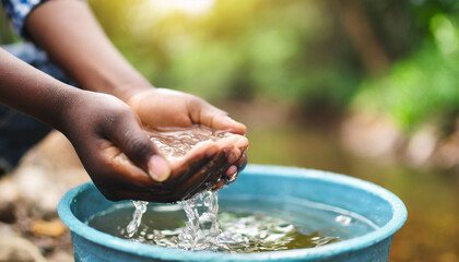 Desolate African child's hands, bare and worn, clutching a water bucket by a creek, symbolizing poverty, scarcity, and the struggle for basic necessities