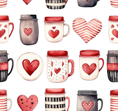 watercolor seamless pattern, print of cute cups with hearts. for Valentine's Day. simple illustration with cups of coffee and tea