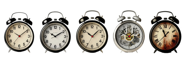 collection Set of retro vintage and modern stylish bedside alarm clocks and wall clocks png,...