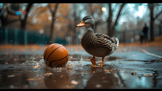 Action photograph of duck playing basketball Animals. Sports