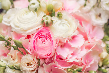 Summer blooming delicate roses on blooming blooming flowers holiday background, pastel and soft bouquet floral card. Copy space. Wedding bouquet