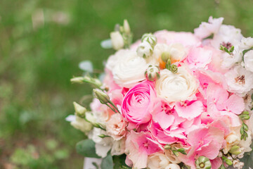 Summer blooming delicate roses on blooming blooming flowers holiday background, pastel and soft bouquet floral card. Copy space. Wedding bouquet