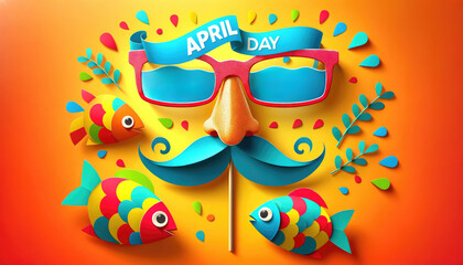 Paper crafted glasses and colorful fish on an orange gradient background for April Fool's Day. Craft for children.