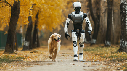 Humanoid robot goes for a walk with a golden retriever dog
